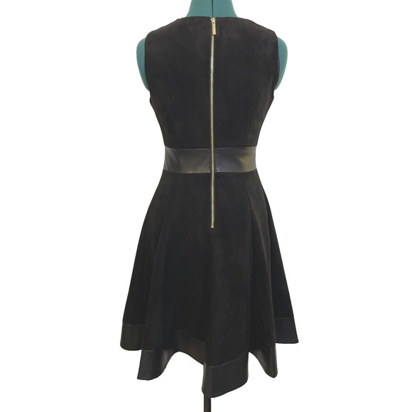 Calvin Klein Black Fit and Flare Dress‎ Faux Suede with Leather Trim Size 2 EUC - Picture 5 of 9